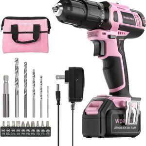 Pink Cordless 20V Lithium-ion Drill Driver Set,1 Battery,Charger and Storage Bag